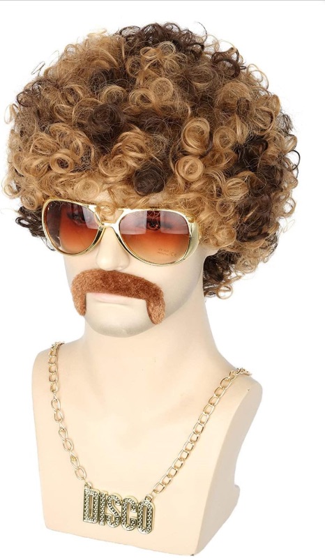 Photo 1 of Male disco retro costume 
1 pair costumes
1 mustache
1 curly hair wig
1 Gold chain
1 Necklace