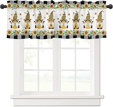 Photo 3 of Window Valance Rod Pocket Short Curtain Panels Farm Bee Gnomes with Honey Sunflower Kitchen Valances Curtains,Country Floral Lace Buffalo Plaid Edge Window Treatments Drapes for Bedroom 54x18in