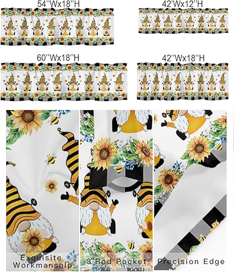 Photo 2 of Window Valance Rod Pocket Short Curtain Panels Farm Bee Gnomes with Honey Sunflower Kitchen Valances Curtains,Country Floral Lace Buffalo Plaid Edge Window Treatments Drapes for Bedroom 54x18in