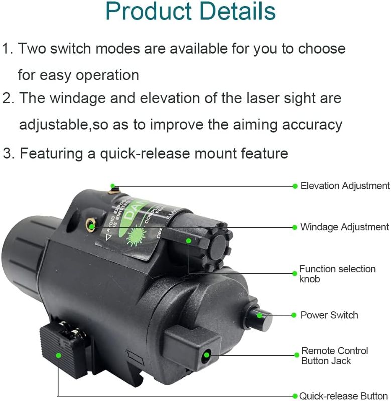 Photo 3 of Compact Flashlight with Laser Sight, Green Red Laser sight and 200 Lumens Flashlight Combo with Remote Pressure Switch Pad for 20mm Weaver Picatinny Rail Mount for Pistol Handgun Rifle