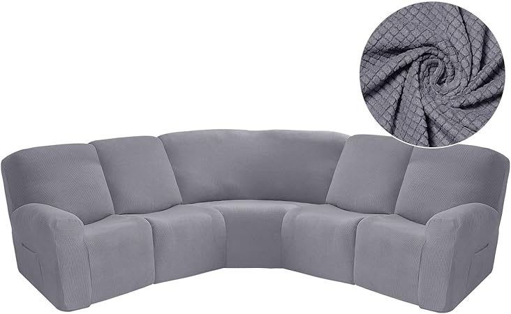 Photo 1 of Corner Sofa Cover, Velvet Stretch Sectional Cover, Recliner Corner Sofa Protector, Corner Sofa Couch Cover for Recliner, Sectional Sofa Set for Livingroom(5 Seats,Lattice Texture-Light Grey)