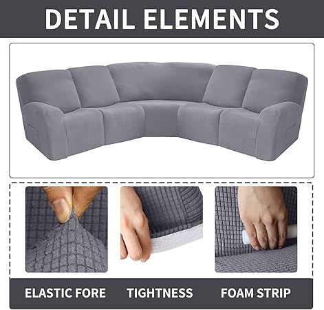 Photo 2 of Corner Sofa Cover, Velvet Stretch Sectional Cover, Recliner Corner Sofa Protector, Corner Sofa Couch Cover for Recliner, Sectional Sofa Set for Livingroom(5 Seats,Lattice Texture-Light Grey)