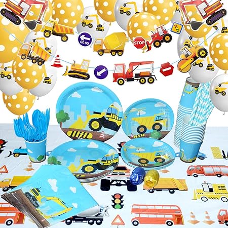 Photo 3 of Construction Themed Birthday Party Supplies for Boys - Dump Truck and Tractor Party Decorations Set For Kids,Include Plates,Cups,Napkins,Balloon,Tablecloth and Banner,24 Guests,235 Pcs