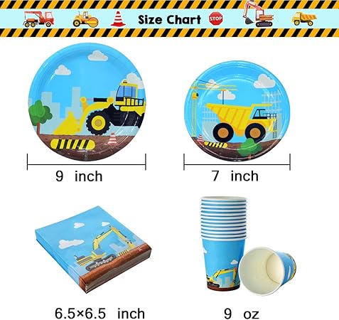 Photo 2 of Construction Themed Birthday Party Supplies for Boys - Dump Truck and Tractor Party Decorations Set For Kids,Include Plates,Cups,Napkins,Balloon,Tablecloth and Banner,24 Guests,235 Pcs