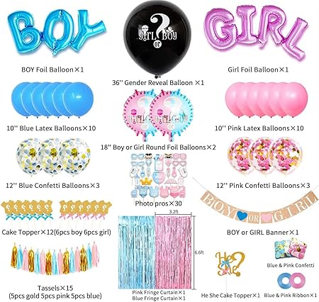 Photo 4 of Gender Reveal Party Supplies,105 Pcs Gender Reveal Decorations, Boy or Girl Foil Balloons, Tablecloth, Photo Props, Toppers, Banner, Foil Curtains, Team Stickers, Ideas for Baby Shower