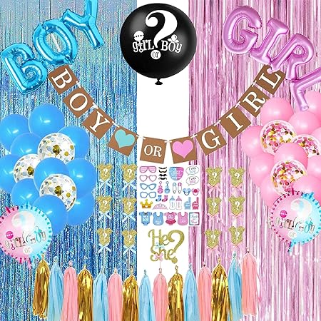 Photo 1 of Gender Reveal Party Supplies,105 Pcs Gender Reveal Decorations, Boy or Girl Foil Balloons, Tablecloth, Photo Props, Toppers, Banner, Foil Curtains, Team Stickers, Ideas for Baby Shower