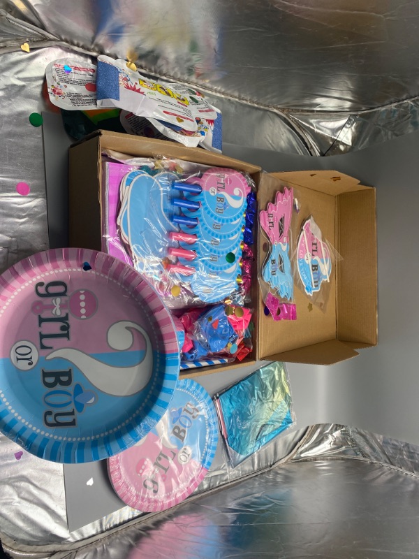 Photo 5 of Gender Reveal Party Supplies,105 Pcs Gender Reveal Decorations, Boy or Girl Foil Balloons, Tablecloth, Photo Props, Toppers, Banner, Foil Curtains, Team Stickers, Ideas for Baby Shower