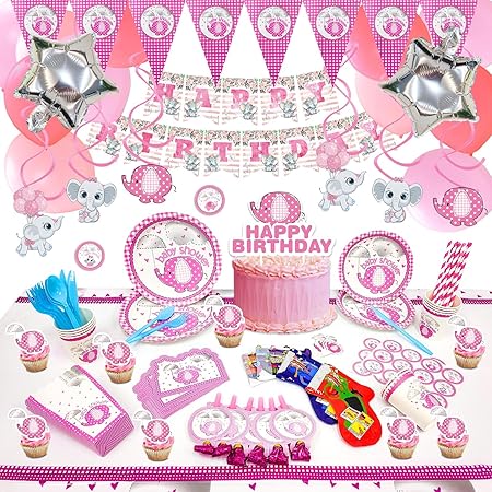 Photo 1 of VEWIOR Pink Elephant Party Supplies for Girls- Pink Elephant Birthday Party Decorations, Includes 168pcs Decorations, Tableware, and Party Favors for 10 Guests