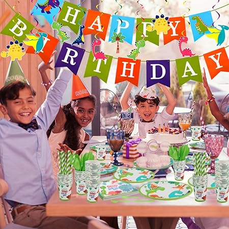 Photo 1 of 193 Pcs Dinosaur Birthday Party Supplies Dinosaur Party Decorations Include Dino Paper Plates Cups Napkins Banner Straws Cutlery Tablecloth Cake Cupcake Toppers Hanging Swirls for Kids Boys Girls