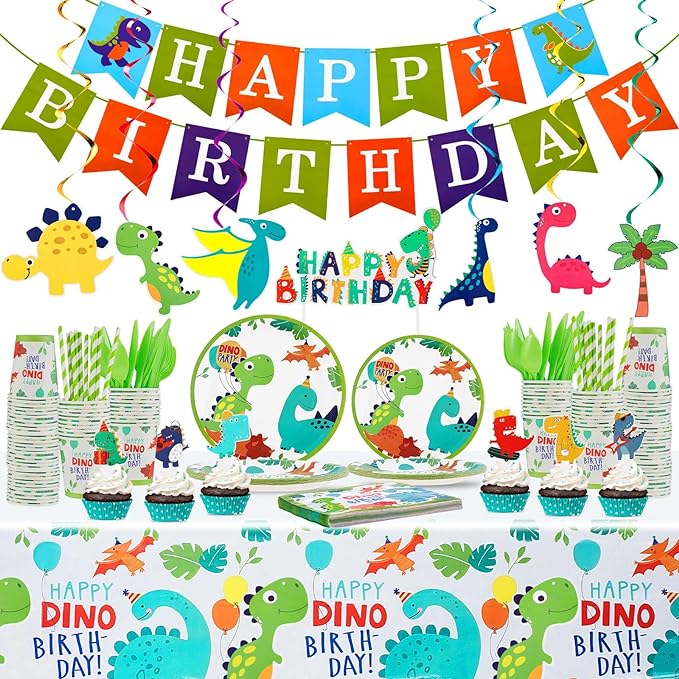 Photo 1 of 193 Pcs Dinosaur Birthday Party Supplies Dinosaur Party Decorations Include Dino Paper Plates Cups Napkins Banner Straws Cutlery Tablecloth Cake Cupcake Toppers Hanging Swirls for Kids Boys Girls