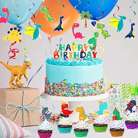 Photo 1 of 193 Pcs Dinosaur Birthday Party Supplies Dinosaur Party Decorations Include Dino Paper Plates Cups Napkins Banner Straws Cutlery Tablecloth Cake Cupcake Toppers Hanging Swirls for Kids Boys Girls