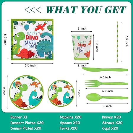 Photo 1 of 193 Pcs Dinosaur Birthday Party Supplies Dinosaur Party Decorations Include Dino Paper Plates Cups Napkins Banner Straws Cutlery Tablecloth Cake Cupcake Toppers Hanging Swirls for Kids Boys Girls