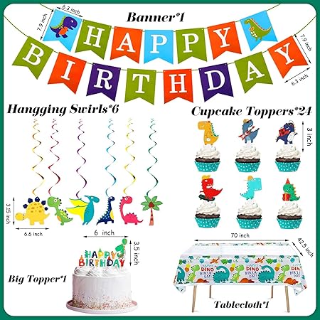 Photo 1 of 193 Pcs Dinosaur Birthday Party Supplies Dinosaur Party Decorations Include Dino Paper Plates Cups Napkins Banner Straws Cutlery Tablecloth Cake Cupcake Toppers Hanging Swirls for Kids Boys Girls