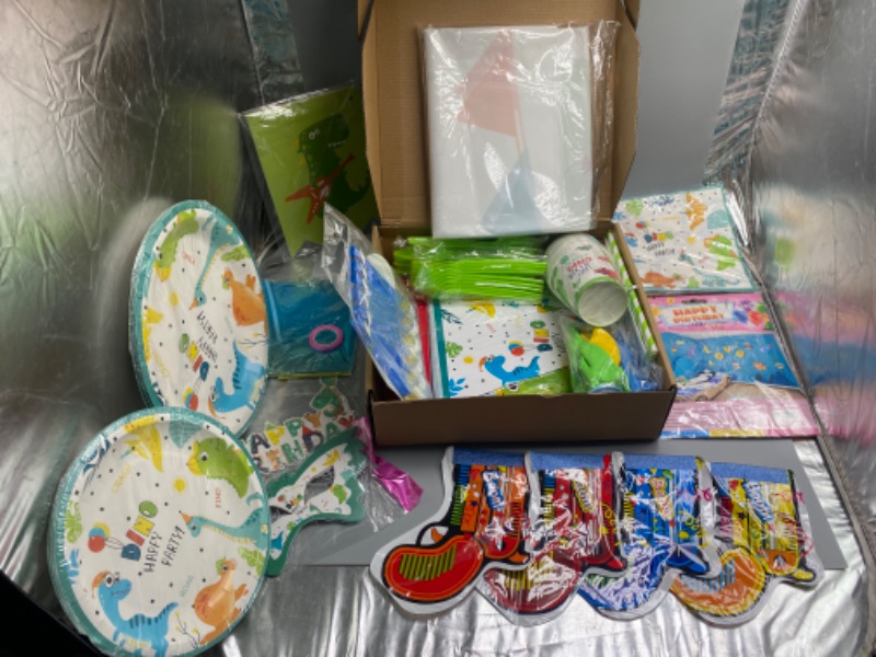 Photo 1 of 193 Pcs Dinosaur Birthday Party Supplies Dinosaur Party Decorations Include Dino Paper Plates Cups Napkins Banner Straws Cutlery Tablecloth Cake Cupcake Toppers Hanging Swirls for Kids Boys Girls