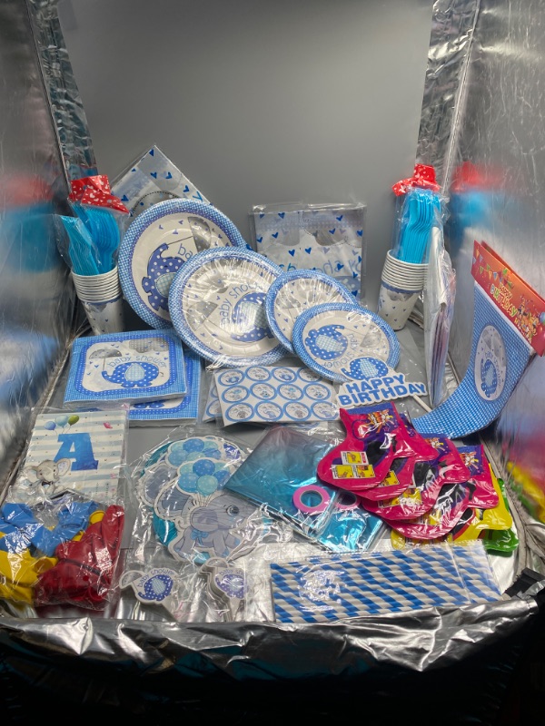 Photo 1 of Elephant Baby Shower/Birthday Decorations for Boy Baby Boxes with Letters Blue Balloon Garland Kit It's a Boy Backdrop Tablecloth Star Elephant Kid Birthday Party Supplies Baby Boy Shower Decor
