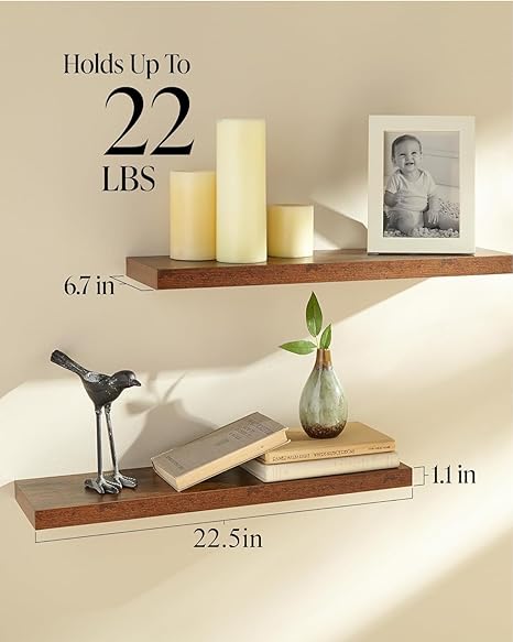 Photo 3 of BAYKA Floating Shelves, Wall Mounted Rustic Wood Shelves for Bathroom, Bedroom, Living Room, Kitchen, Office, 22.5" Hanging Shelf for Books/Storage/Decor with 22lbs Capacity (Rustic Brown,Set of 2)