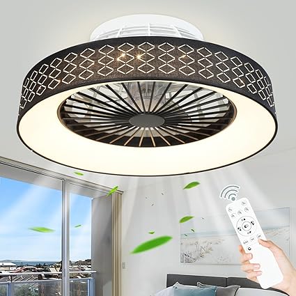 Photo 1 of DLLT Low Profile Ceiling Fan with Light, 18.5'' LED Dimmable Ceiling Fans with Lights and Remote, Modern Bladeless Enclosed Ceiling Fan Flush Mount with Reverse Motor for Bedroom Living Room, Black