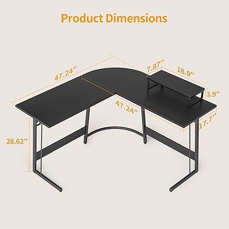 Photo 3 of CubiCubi L Shaped Gaming Desk Computer Office Desk, 47 inch Corner Desk with Large Monitor Stand for Home Office Study Writing Workstation, Black