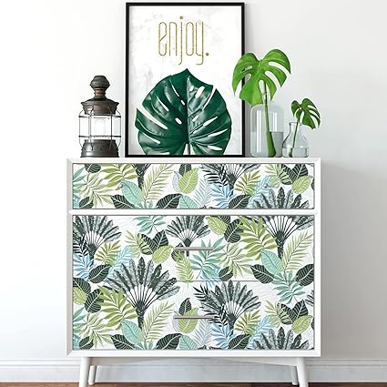 Photo 4 of Orainege Tropical Peel and Stick Wallpaper Boho Contact Paper 17.7inch x 78.7inch Floral Wallpaper Peel and Stick Palm Leaf Wallpaper Green Vintage Contact Paper Removable Wallpaper for Bathroom