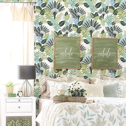 Photo 2 of Orainege Tropical Peel and Stick Wallpaper Boho Contact Paper 17.7inch x 78.7inch Floral Wallpaper Peel and Stick Palm Leaf Wallpaper Green Vintage Contact Paper Removable Wallpaper for Bathroom