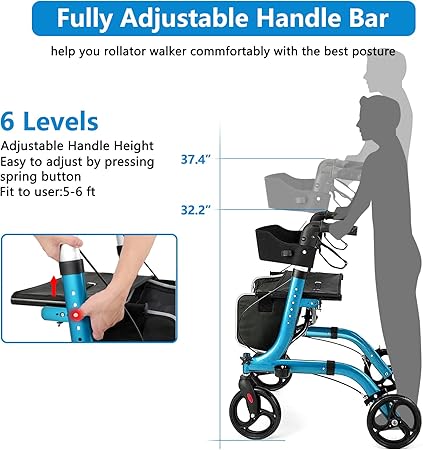 Photo 1 of Rollator Walkers for Seniors-Folding Rollator Walker with Seat and Four 8-inch Wheels-Medical Rollator Walker with Comfort Handles and Thick Backrest-Lightweight Aluminium Frame,Blue