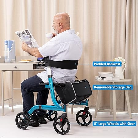 Photo 2 of Rollator Walkers for Seniors-Folding Rollator Walker with Seat and Four 8-inch Wheels-Medical Rollator Walker with Comfort Handles and Thick Backrest-Lightweight Aluminium Frame,Blue