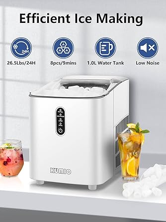 Photo 2 of KUMIO Ice Makers Countertop, Portable Ice Maker with Self-Cleaning, 8 Cubes/9 Mins, 26.5Lbs/24Hrs, Ice Machine with Scoop and Basket, 2 Sizes of Bullet Ice for Home Office Bar Party