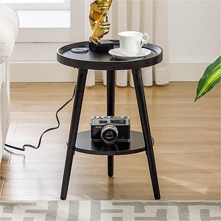 Photo 1 of Forevich Small End Table with Charging Station Round Side Table with USB Ports 2-Tier Storage Shelf Solid Bamboo Wood Nightstand for Living Room Bedroom Black