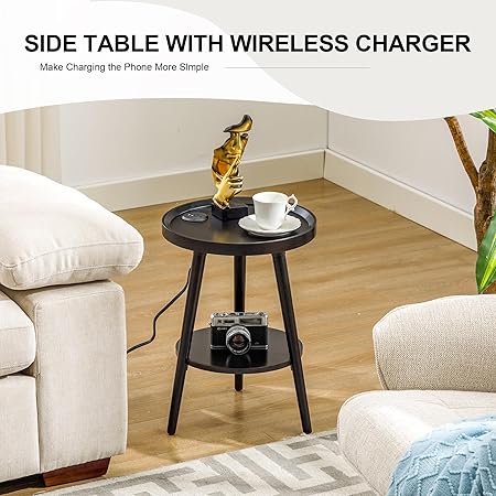 Photo 4 of Forevich Small End Table with Charging Station Round Side Table with USB Ports 2-Tier Storage Shelf Solid Bamboo Wood Nightstand for Living Room Bedroom Black