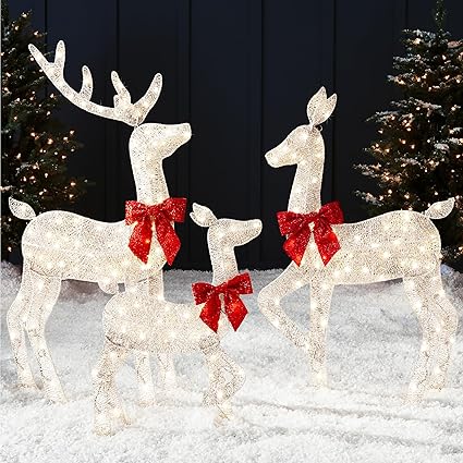 Photo 1 of Best Choice Products 4ft 3-Piece 2D Lighted Christmas Deer Family Set, Large Outdoor Yard Reindeer Holiday Decoration with 175 LED Lights, Stakes, Zip Ties - White