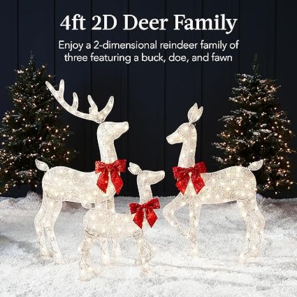 Photo 2 of Best Choice Products 4ft 3-Piece 2D Lighted Christmas Deer Family Set, Large Outdoor Yard Reindeer Holiday Decoration with 175 LED Lights, Stakes, Zip Ties - White