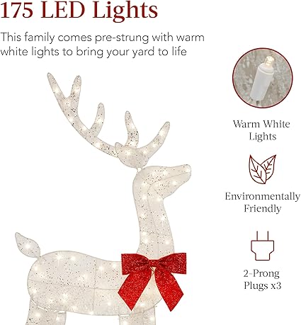 Photo 3 of Best Choice Products 4ft 3-Piece 2D Lighted Christmas Deer Family Set, Large Outdoor Yard Reindeer Holiday Decoration with 175 LED Lights, Stakes, Zip Ties - White