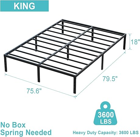 Photo 2 of King Size Bed Frame - 18 in Metal Platform Bed Frame, 3600lbs Heavy Duty Metal Bed Frame, King Bed Frame No Box Spring Needed with Ample Storage Space - Easy Assembly and Noise Free