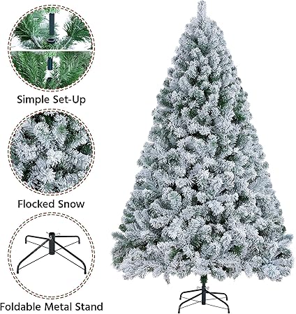 Photo 3 of Yaheetech 6ft Premium Snow Flocked Artificial Christmas Tree Hinged Pine Full Holiday Xmas Tree for Home Office Party Decoration with 820 Branch Snow Tips and Metal Stand