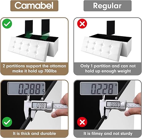 Photo 4 of Camabel Folding Ottoman with Storage Bench Cube 43 inch Hold up 700lbs Faux Leather Long Chest with Memory Foam Seat Footrest Padded Bed Storage Bench for Bedroom Coffee Table Rectangular White BG470