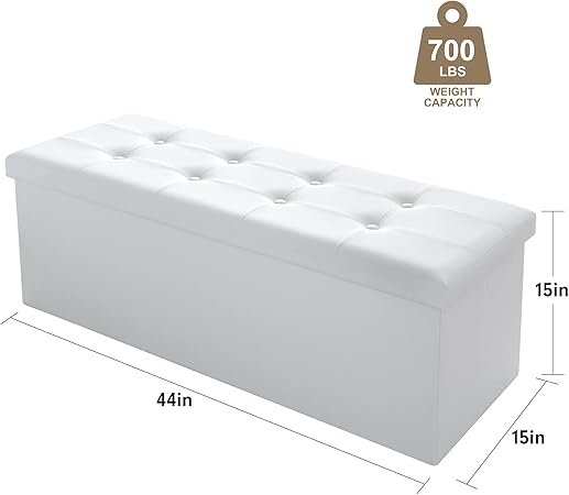 Photo 3 of Camabel Folding Ottoman with Storage Bench Cube 43 inch Hold up 700lbs Faux Leather Long Chest with Memory Foam Seat Footrest Padded Bed Storage Bench for Bedroom Coffee Table Rectangular White BG470