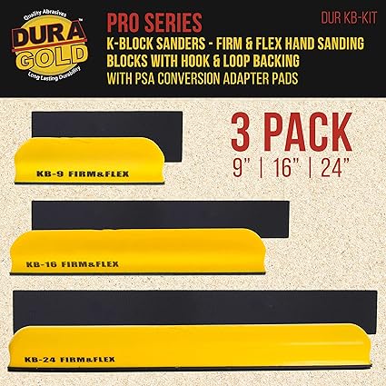 Photo 4 of Dura-Gold Pro Series K-Block Sander Firm & Flex Hand Sanding Block Kit with Hook & Loop Backing and PSA Adapter Pad & 400 Grit PSA Longboard Sandpaper