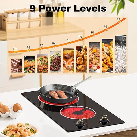 Photo 2 of 12 Inch Electric Cooktop - 2 Burner Drop-in Radiant Electric Cooktop with Knob Control, Ceramic Electric Stove Top with 9 Heating Levels, Residual Heat Indication, 220-240V Hardwired (No Plug)