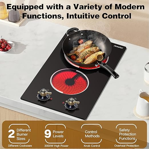 Photo 4 of 12 Inch Electric Cooktop - 2 Burner Drop-in Radiant Electric Cooktop with Knob Control, Ceramic Electric Stove Top with 9 Heating Levels, Residual Heat Indication, 220-240V Hardwired (No Plug)