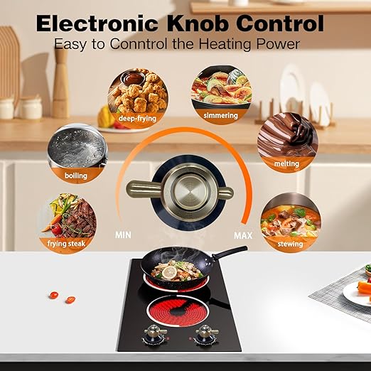 Photo 1 of 12 Inch Electric Cooktop - 2 Burner Drop-in Radiant Electric Cooktop with Knob Control, Ceramic Electric Stove Top with 9 Heating Levels, Residual Heat Indication, 220-240V Hardwired (No Plug)