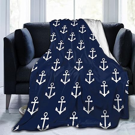 Photo 1 of Navy Blue Nautical Anchor Pattern Flannel Fleece Throw Blankets for Bed Sofa Living Room Soft Blanket Warm Throw Blanket
