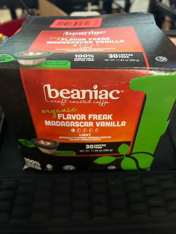 Photo 2 of beaniac Flavor Freak Madagascar Vanilla, Flavored Light Roast, Single Serve Compostable K Cup Coffee Pods, Organic Arabica Coffee with Natural Flavors, Keurig Brewer Compatible, 30 Count Flavor Freak Madagascar Vanilla 30 Count (Pack of 1)  BB 07-17-2024