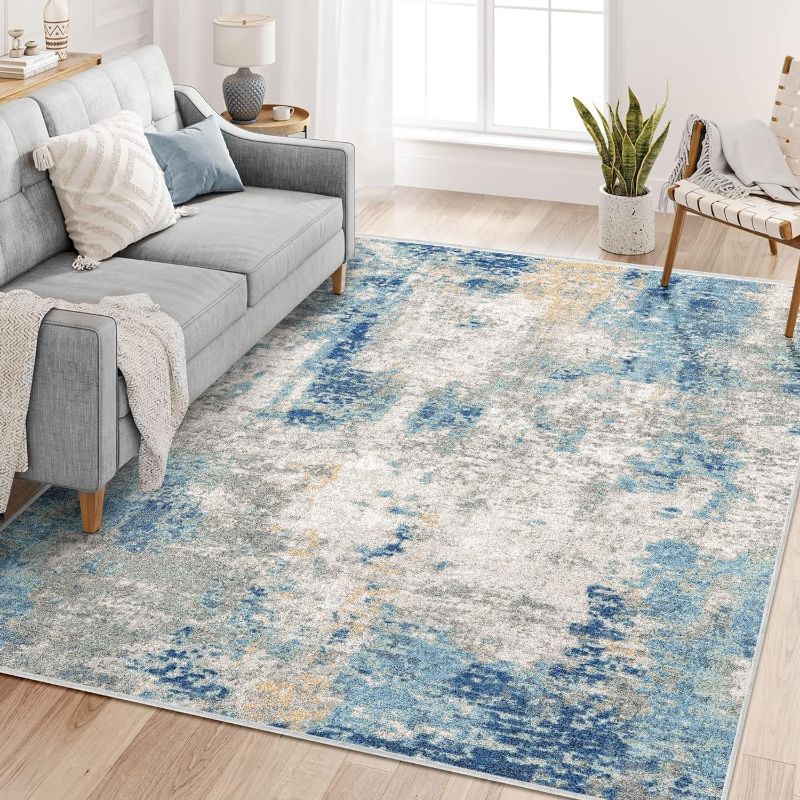 Photo 1 of Area Rug 6x9, Modern Abstract Area Rug, Rugs for Living Room, Dining Room Rug, Washable Rug 6x9, Large Bedroom Rug with Non Slip Rubber Backing for Living Dining Room Office, Blue/Grey/Ivory
