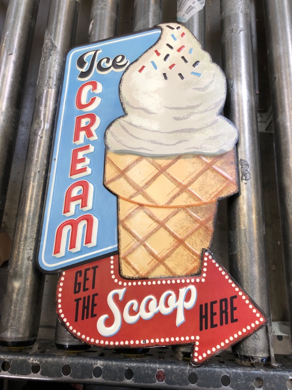 Photo 2 of Ice Cream Get the Scoop Here Embossed Metal Sign - Vintage Diner Ice Cream Sign for Kitchen or Man Cave Light Blue