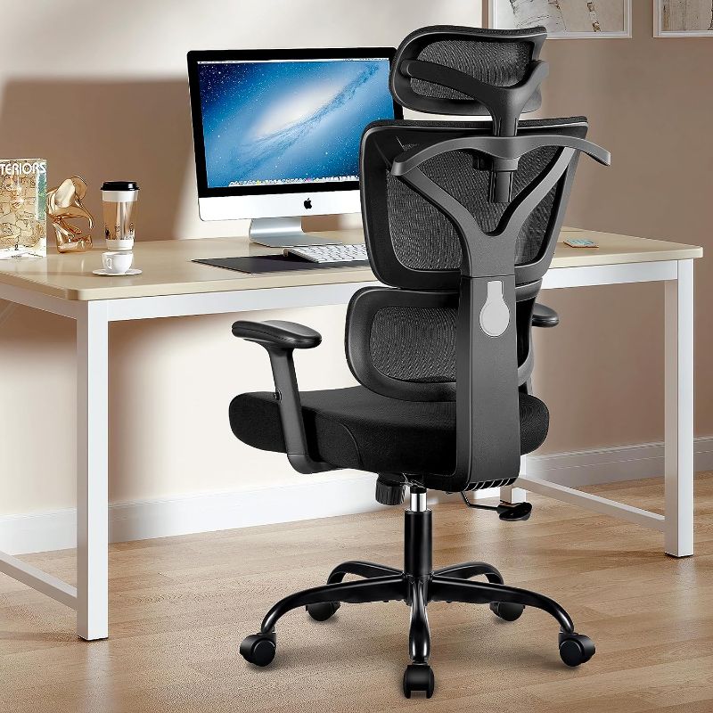 Photo 1 of Office Chair Ergonomic Desk Chair, High Back Gaming Chair, Big and Tall Reclining Comfy Home Office Chair Lumbar Support Breathable Mesh Computer Chair Adjustable Armrests (Black)
