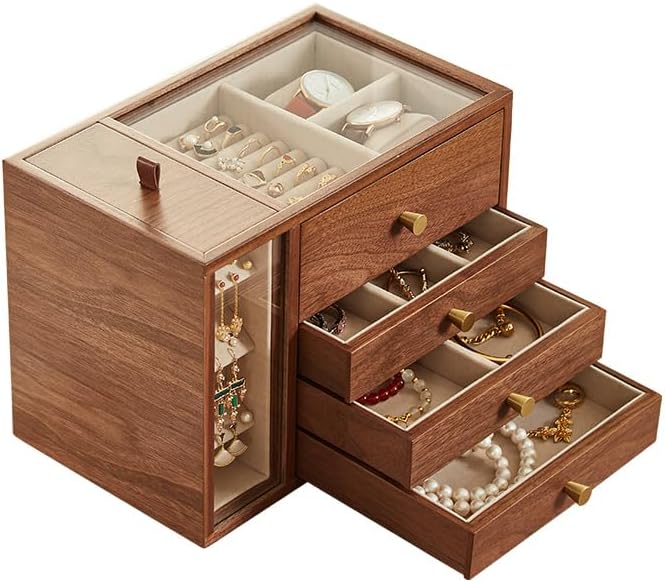 Photo 1 of Wooden Jewelry Box for Women Classical Solid Wooden 4-Layer Jewelry Organizer Double Sided Visibility Necklace Storage Layer Watch Necklace Ring Earring Mother’s Day Gifts(Black Walnut)
