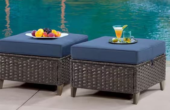 Photo 1 of Wicker Outdoor Patio Ottoman with Deep Blue Cushions (Set of 2)
