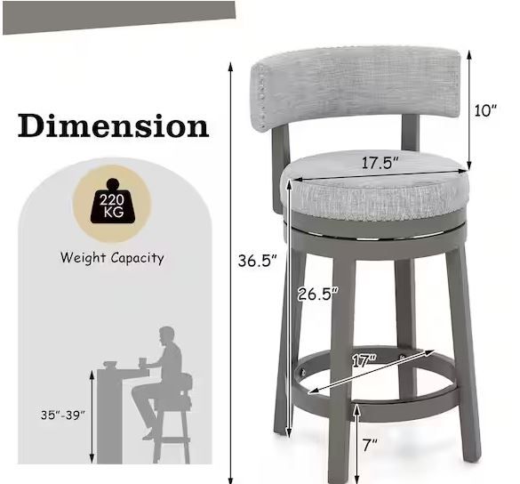 Photo 1 of 26.5 in. Grey  Upholstered Swivel Bar Stools Wooden Counter Height Kitchen Chairs
