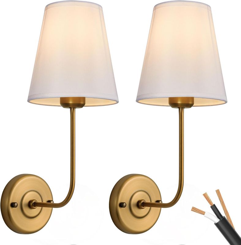 Photo 1 of Passica Decor Hardwired Wall Sconces Set of 2 Pack Antique Brass Vintage Industrial Wall Lamp Light Fixture with Flared White Fabric Shade for Living Room Bedrooms Bedside Reading Fireplace Farmhouse Antique Brass,White