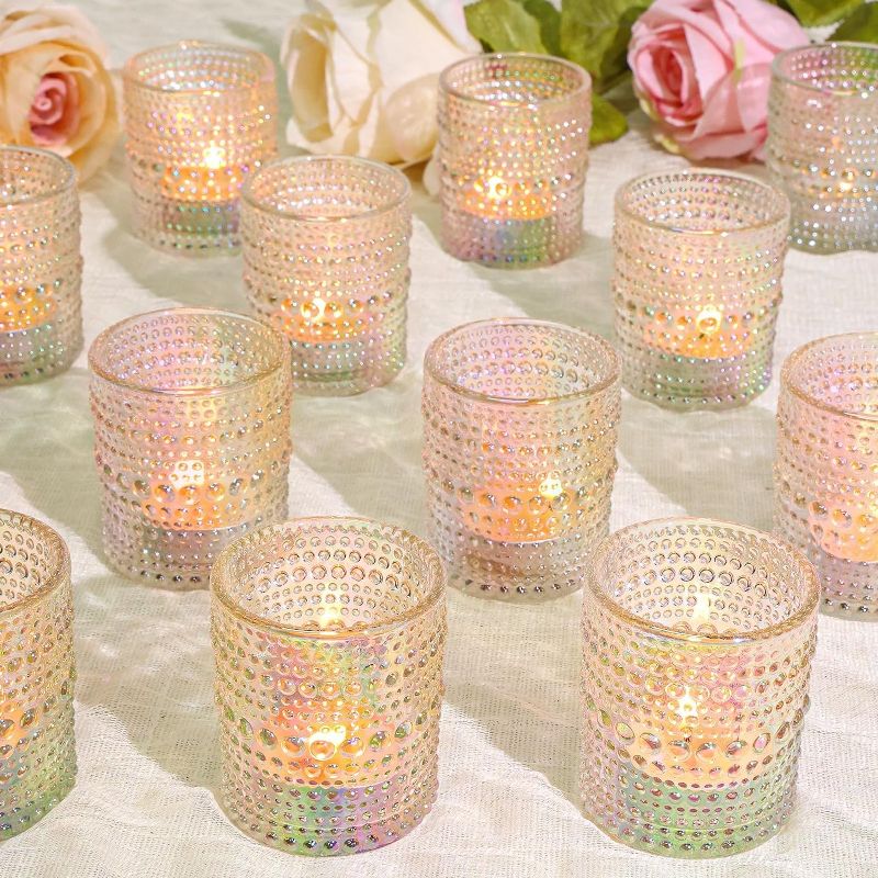 Photo 1 of 24 Pcs Votive Candle Holders, Iridescent Glass Candle Holders Bulk for Table Centerpiece, Tea Lights Candle Holders for Wedding Shower, Party and Home Decor
